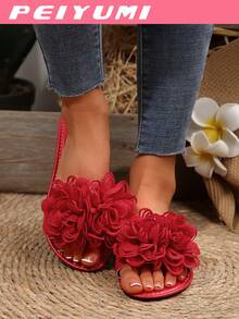 PEIYUMI Damen Große Größen elegante weiche französische Stil Flache Hausschuhe, offene Zehe Blumen Dekor Einzelriemen Sandalen, Sommer Lässig Mode Schuhe - Rot - Übersicht 5