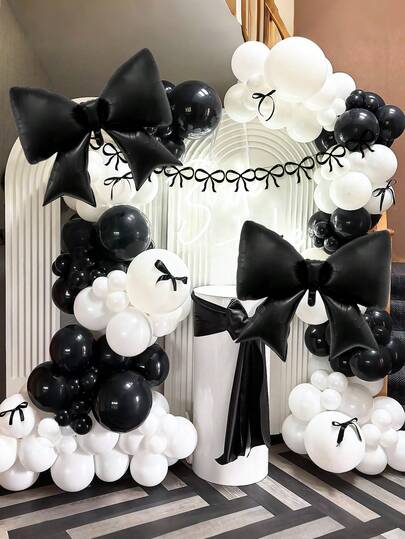 95pcs Black And White Balloon Bow Arch Set, Includes Black & White Latex Balloons, Black Satin Bow Ribbons, Black Bow Cardboard Pull Flags, Black Bow Foil Balloons, For Party Decoration, Wedding, Bridal Shower, Anniversary, Birthday Party, Bow Decor, Valentine's Day, Home Birthday Party, Photo Shoot Decor, Princess Birthday Party Decor, Shower, Bachelorette Party Decor, Influencer Outdoor Photoshoot Decoration