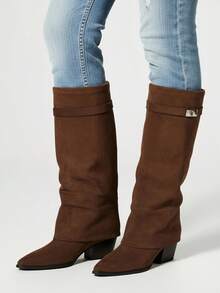 بوت طويلة حتى الفخذ بطرف مدبب نحيف من طراز قديم، بوت طويلة فوق الركبة للنساء، بوت كاوبوي غربية - قهوة بني - مشاهدة 4