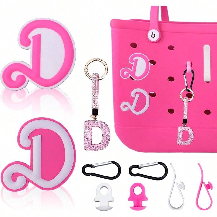 2PCS Silicone Alphabet And Pink Diamond Lettering Accessories For Bogg Bags - Customizable Fashion Jewelry For Personalized Backpacks Handbags And Purse Decorations - Ideal For School Travel And Daily Use - D - 查看 1