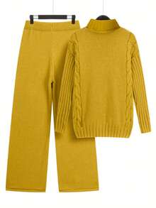 Conjunto de 2 piezas de talla grande: suéter de cuello alto de unicolor y pantalones de punto, otoño/invierno - Amarillo - Ver 2