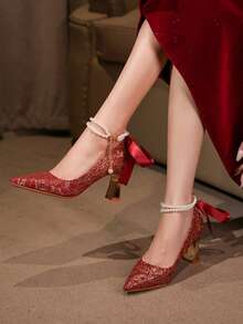 Studded Square Toe Mary Jane Pumps, Versatile Buckle Strap High Heels, Fashionable Sexy Slingback Red Patent Leather Chunky Heels For Women,Party Outfits - Red - View 3