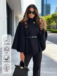 A Fashionable And Elegant Solid-Colored Short Coat (With A Three-Quarter Or Four-Quarter Sleeve, Women's Winter Style, With A Shawl-Like Appearance, Featuring A Lacing Design, Suitable For Work, Dates, Shopping, And Going Out. Applicable To Various Occasions.