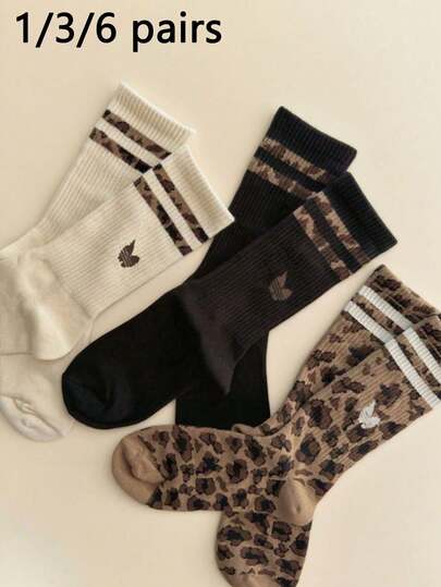 1/3/6 Pairs Women Leopard & Striped Pattern Mid-Calf Socks, Fashion Classic Comfortable Soft Breathable, Versatile For Daily Wear, All Seasons Christmas Gift