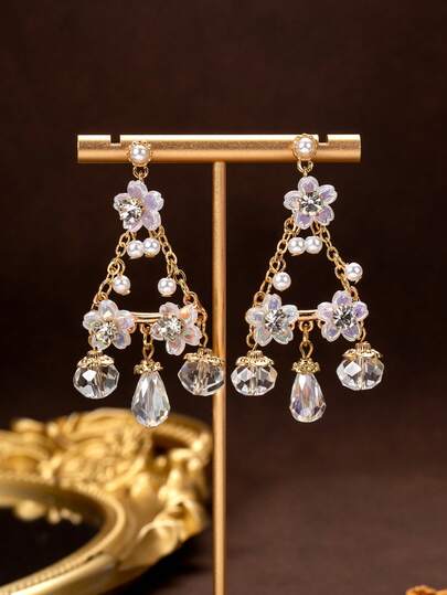 1 Pair Vintage Jewelry Luxurious Colorful Floral Earrings With Faux Pearl, Multi-Element Sweet Retro Rhinestone Earrings