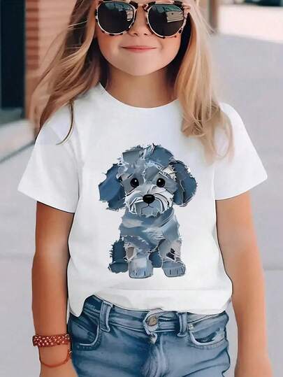 卡通狗印花短袖圆领休闲T恤，适合年轻女孩