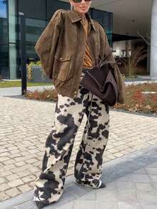 女士外套，时尚翻领长袖宽松外套，复古女士外套，时尚上衣，常规仿麂皮长袖拉链宽松休闲外套，春季 - 棕色 - 查看 5