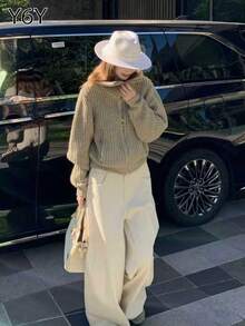 Y6Y 2025新款女士秋冬休闲高端针织开衫，独特毛衣外套 - 燕麥色 - 查看 3