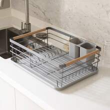LIVINGANDHOME Living And Home Kitchen Countertop Stainless Steel Dish Drainer Rack,Cutlery Holder Dish Drying Rack With Wooden Handle,Kitchen Organizer Storage Shelf - Grey - View 3