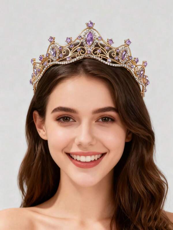 1 pieza Diadema con forma de corona de princesa de color púrpura con rhinestones para fiesta de cumpleaños, tiaras reales, disfraces, corona, boda, regalos para damas de honor