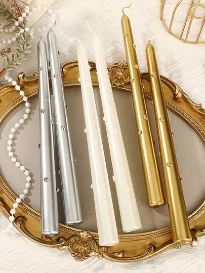 6pcs Set European Style Electroplated Colored Pearl Long Stem Candles, Romantic Candlelight Dinner Candles, Smokeless Wedding Candles, Candle Holder Long Stem Candles, Suitable For Candlelight Dinner, Wedding, Home Decor, High-End Atmosphere Photography Props, Gift, Valentine's Day Gift, New Year Gift