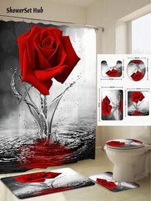 1/3/4pcs Red Rose & Butterfly Shower Curtain Bathroom Set,Luxurious Floral Waterproof And Wear-Resistant Bathroom Decor And Accessories,With 12 Hooks - Includes Toilet Seat Cover, Bath Mats, And Rugs Polyester Fabric - Washable - Perfect For Holiday Decor,Home/Bedroom/House/Western/Winter Decor - Red - View 2