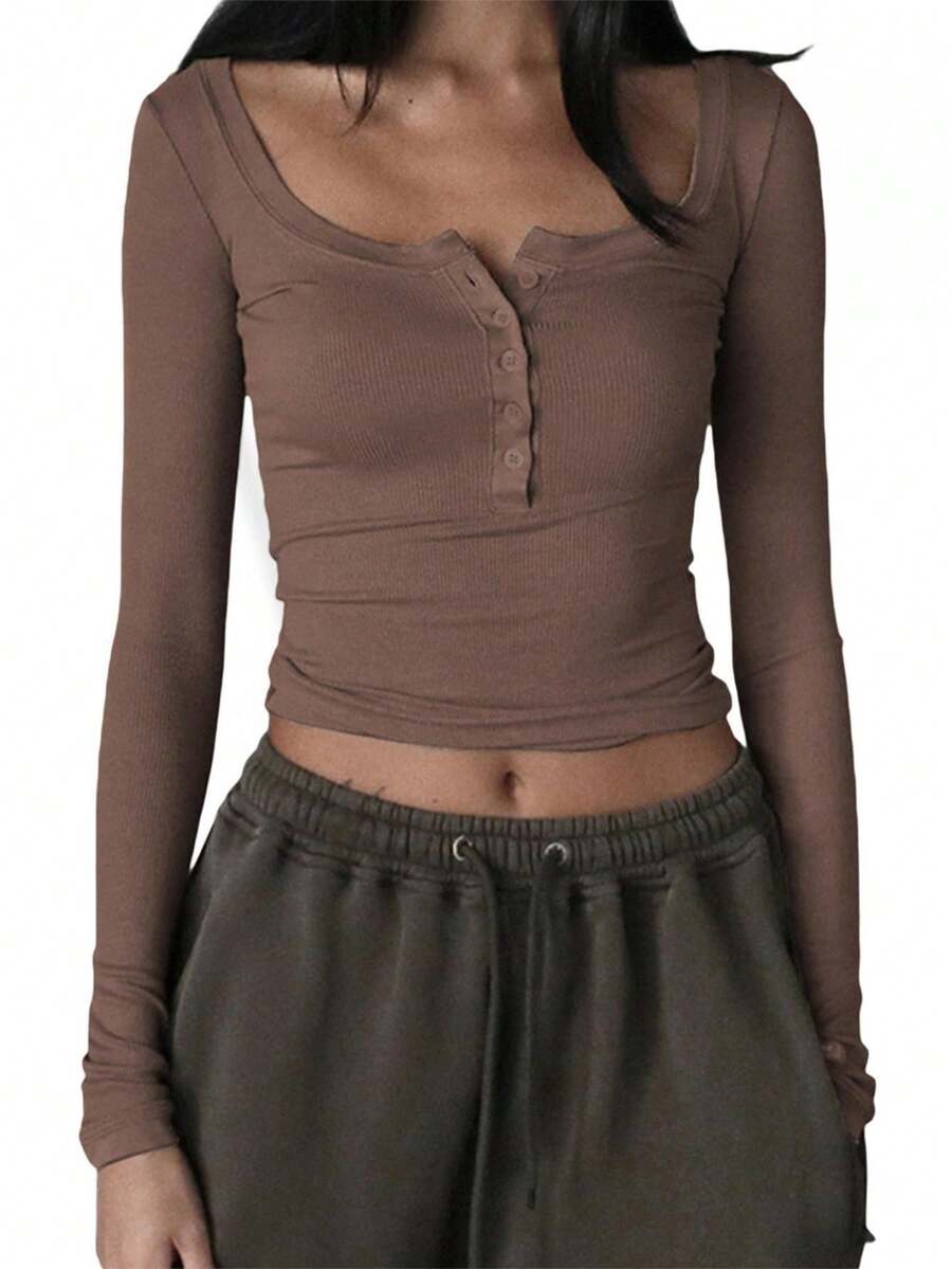 Women Henley Shirt Casual Solid Color Retro 1/2 Button Long Sleeve Y2K Slim Fitted Ribbed Knit Crop Tops - Khaki - View 1