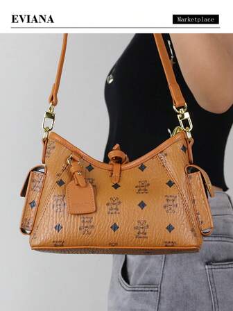 2025新款高端韩版女士时尚手提包，棕色印花多口袋休闲百搭女士单肩斜挎包，时尚街头风女士腋下包