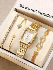 4件套女士优雅方形石英表配手链套装，适合母亲节、教师节、感恩节、学生、毕业典礼、生日等各种场合，是馈赠佳品。