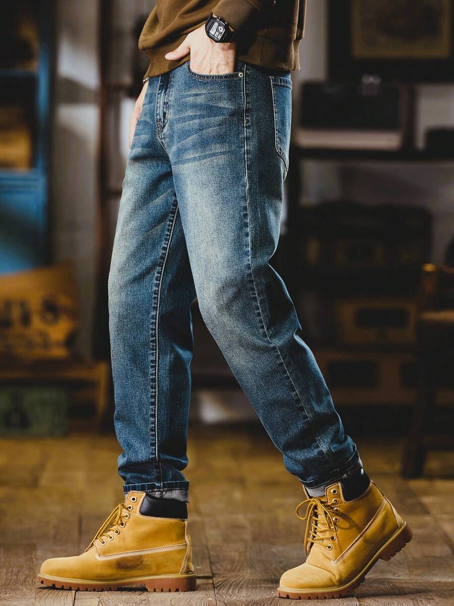 Distressed Dark Denim Jeans Long-Length Washed Workwear Pants Gift For Husband/Boyfriend Men's Jeans Office/Outings/Work/Vacation/Urban/Garbage Rock Style Christmas Gifts For My Husband & Father Vaqueros Para Hombre - (30L) Hải quân - Xem 1