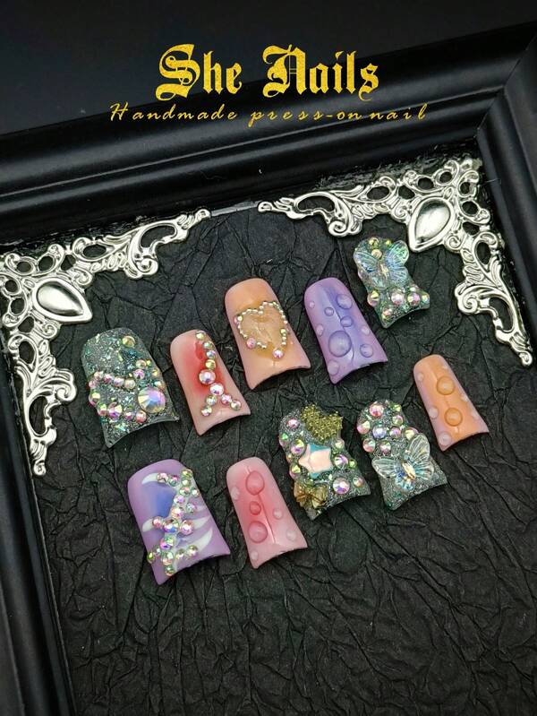 Cute Baroque Nail Art Look With 10pcs Y2K Shinning Metallic Duck Nails Acrylic Handmade Press On Nails French Tip Pink Nails Purple Nails Blue Nails With 3D Diamonds Butterfly Handpaint Flowers Hexagram Waterdrops Ripples For Chiristmas Parties Or Holiday Suittable For Girls Or Women Wear With Free Gel Sticker Nail File.
