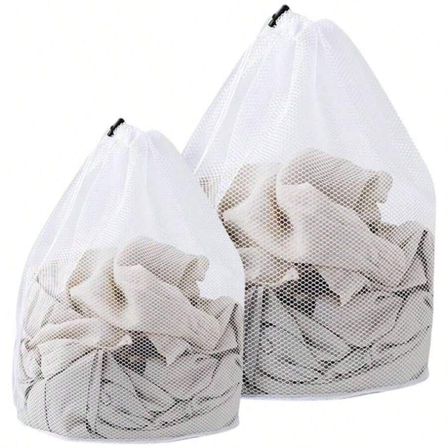 2 Pcs Mesh Laundry Bags White Drawstring Garment Bags Travel Delicate Wash Bags Washable Clothes Bags Net Bra Washing Bag Underwear Lingerie Washer Bags Blouse Socks - 白色 - 查看 1