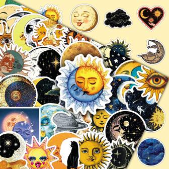 50 st. tecknade retro fantasi sol måne stjärnhimmel planet sol kreativa dekorativa klistermärken för bagage, anteckningsbok