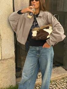 Women's Regular Faux Suede Long Sleeve Single-Breasted Loose Casual Jacket, Suitable For Spring Wear Women's Pocket Metal Button Short Military Green Jacket, Suitable For Spring And Autumn Wear - Beige - View 8