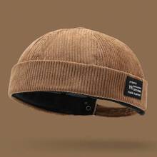 Mũ len nhung kẻ unisex phối da, mũ beanie màu trơn kiểu Nhật, mũ tang cổ điển, phù hợp cho cả nam và nữ, phong cách Hàn Quốc thường ngày cho mùa thu/đông. - A - Xem 8