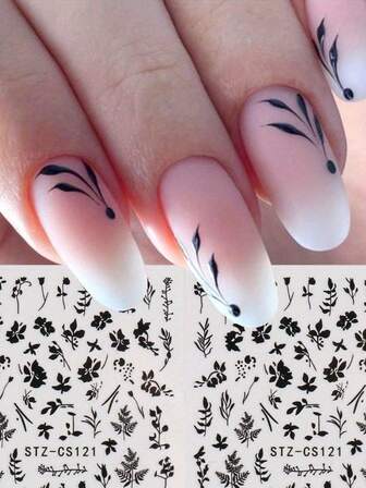 2片黑色纯叶美甲贴纸 - 春日日式纯白花叶DIY艺术设计，适合女性日常、婚礼和节日使用，一次性自粘美甲贴纸，简约主题风格，易于粘贴，美甲沙龙装饰贴纸