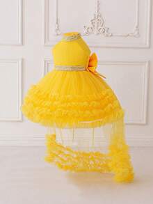 女婴亮片网纱露背蝴蝶结可爱一周岁生日拖尾礼服，适合派对、花童、婚礼等场合，不含头饰 - 黃色 - 查看 4