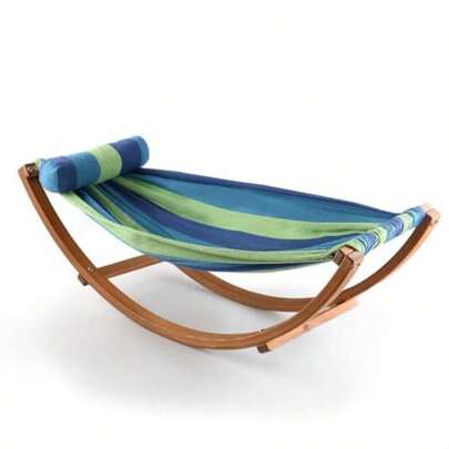Hammock With Stand Wooden Single Hammocks Chair Bed Lounge Swing Chairs Sun Lounger Outdoor Furniture Indoor Travel Garden Accessories Pillow Lightweight Sky Blue