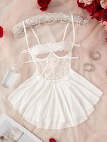 女士白色新娘内衣，蕾丝网纱拼接，钢圈，露背设计，浪漫性感，性感睡裙，性感内衣连衣裙 - 白色 - 查看 8