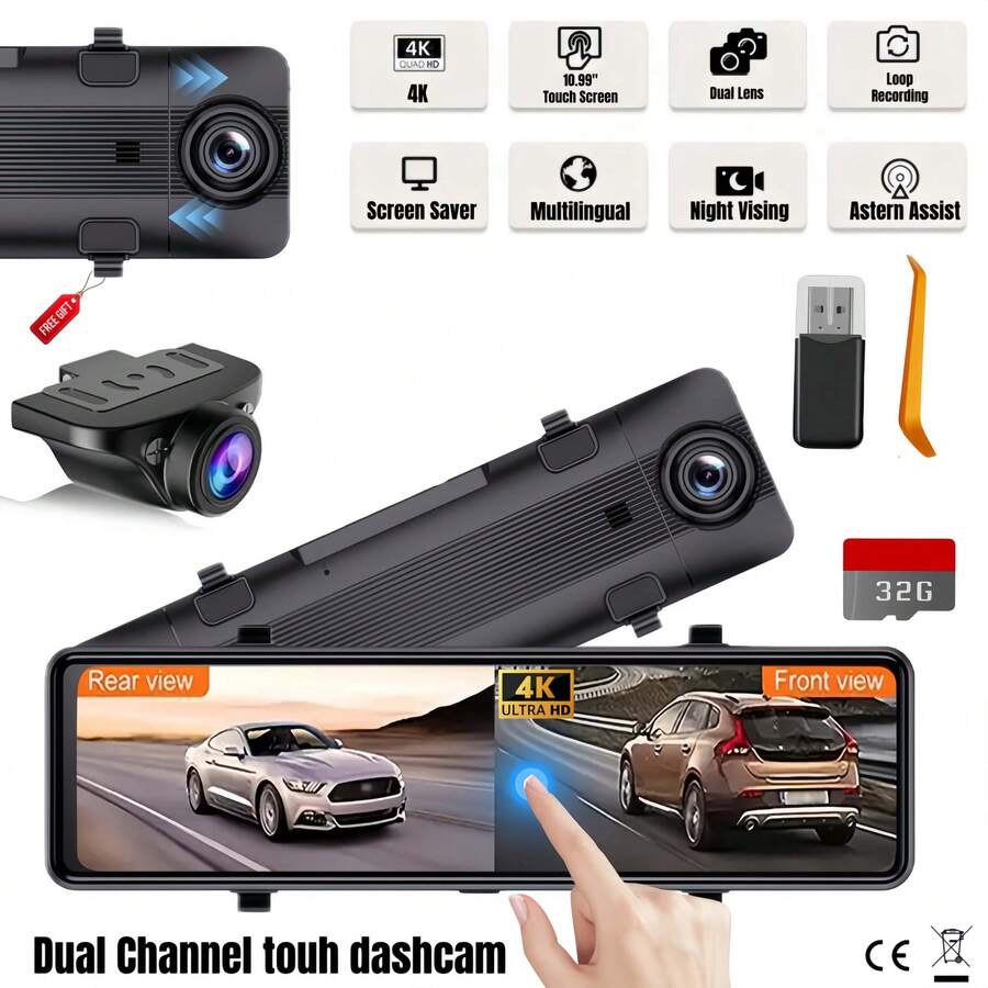 11" 4K Mirror Dash Cam With Front And Rear Dual Cameras, 32GB Memory Card Included, G-Sensor, Infrared Night Vision, Parking Assistance, Collision Detection - Car Accessories - 4K+デュアルカメラ+32GBカードPay - View 1
