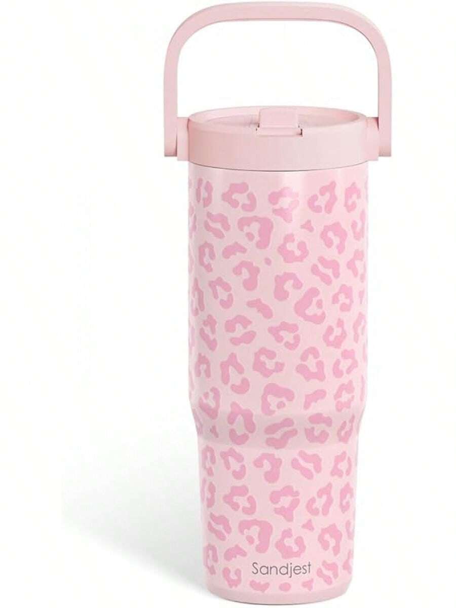 Pink Bow Stainless Steel Straw Lid Tumbler 30oz With Carry Handle For Women Girls, Insulated Travel Coffee Cup, Gift For Sports Outdoor Workout Christmas Birthday - 豹皮2 - 查看 1