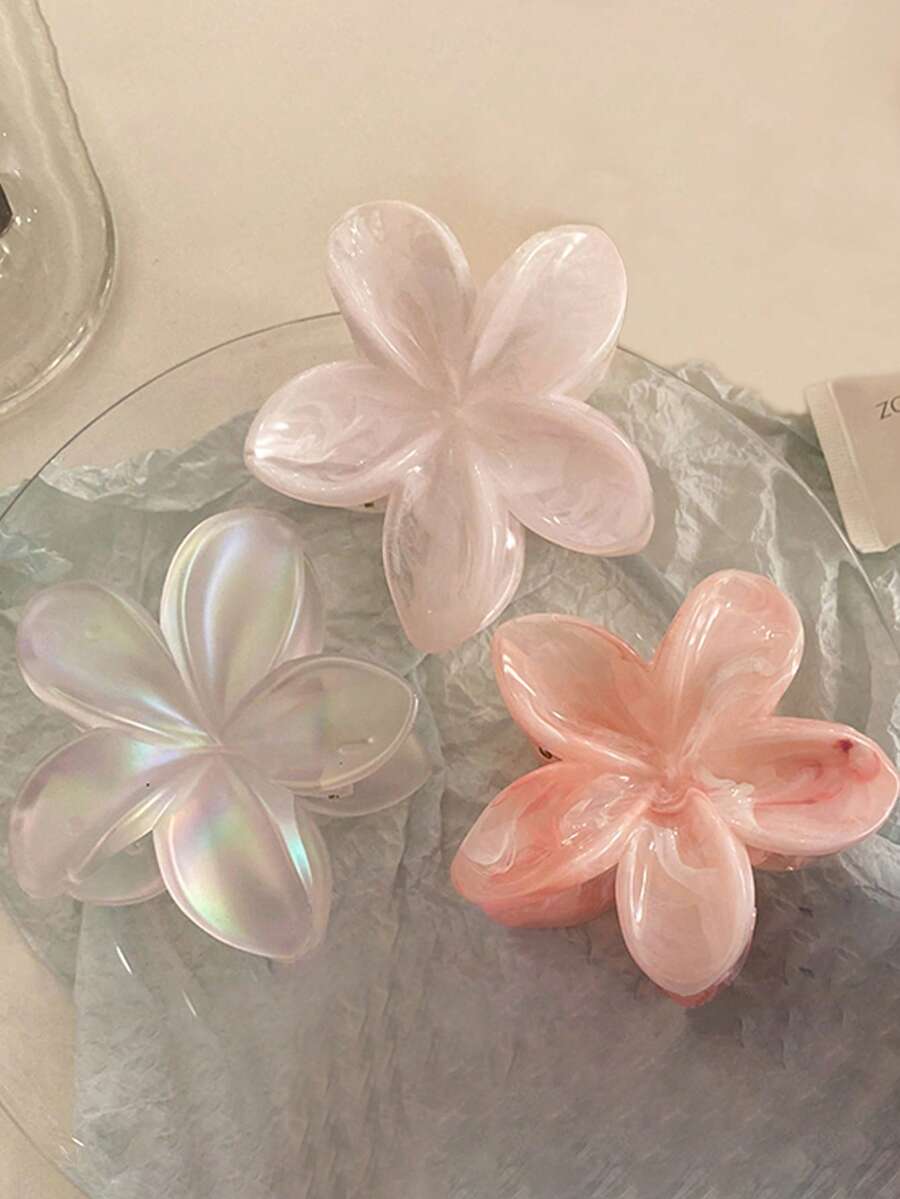 3个/1个 7.6厘米/2.99英寸 粉白花朵造型塑料发夹，优雅百搭，适合日常、休闲、派对、通勤、度假等场合 - 可用于扎马尾、盘发、洗头、化妆等，是理想的服装配饰。花朵造型发夹，优雅发爪，休闲发饰，女士夏季发饰 - 彩色 - 查看 1