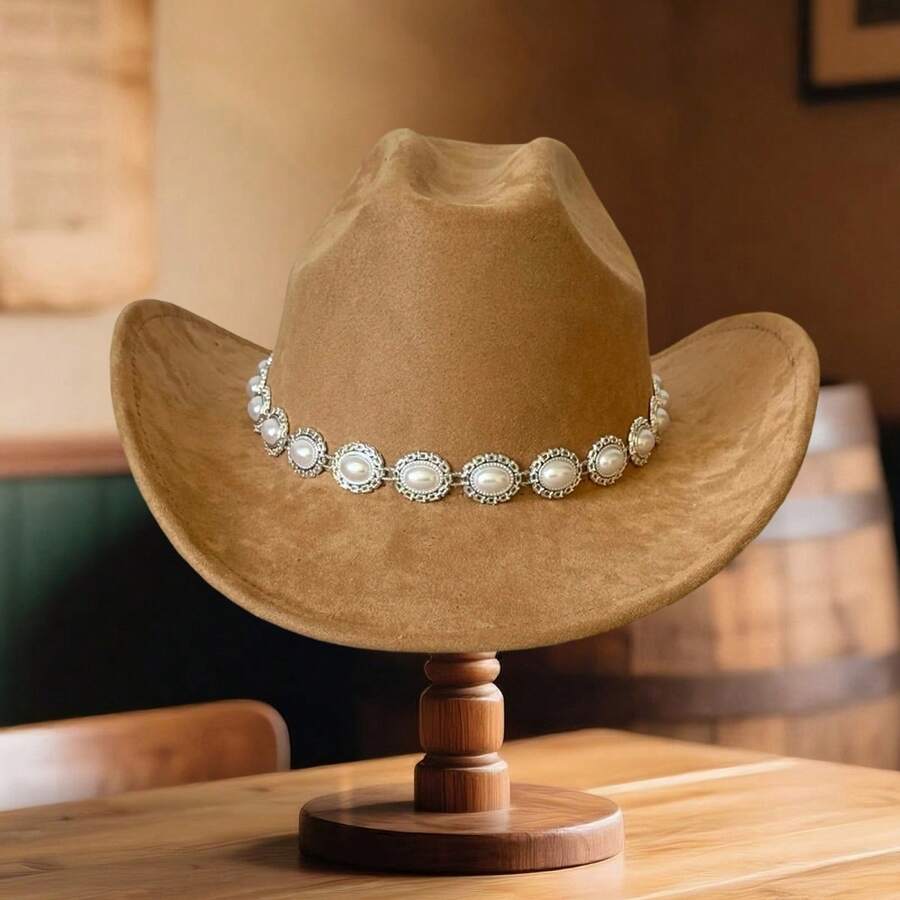 Women's Felt Cowgirl Hat Wide Brim Jazz Cap Stylish Pearl Chain Design Western Hat For Daily Life Party - Nhiều màu - Xem 1