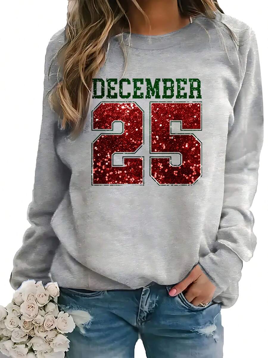 Women's Christmas 25th Birthday T-Shirt, Red & Green Glitter Number 25 Print With Merry December 25 Design, Casual Round Neck Short Sleeve Top, For Holiday Parties Christmas Shirts Festive Party Attire, Comfortable Fit Shirt, Seasonal Fashion Christmas Outfit Women Thanksgiving Christmas Fall Clothes For Women Christmas Clothes Women Christmas Pajamas Long Sleeve Tops Women - 灰色 - 查看 1