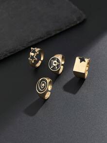 4 件朋克风格螺旋星形戒指套装，男士休闲日常佩戴 - 金黃色 - 查看 3