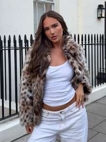 HH Elegant Woman Lapel Long Sleeves Side Pockets Casual Coat Women Winter Leopard Print Faux Fur Loose Slim Warm Coat - Brown - View 9