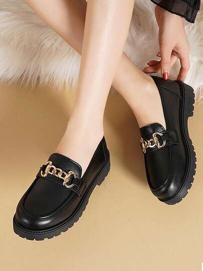 Zapatos Planos De Mujer Estilo Británico,Zapatos mocasines planos decorados con metal estilo Academy para mujer  Con Hebilla De Metal Y Detalles