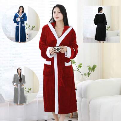 一件装女士成人学生浴袍，翻领，撞色设计，法兰绒面料，柔软保暖，高端品质，带口袋和腰带，适合浴室、游泳池、客厅等场所，四季皆宜，适合身高155-175厘米。