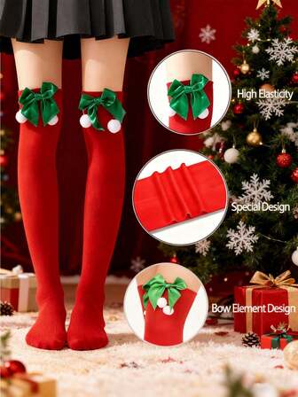 1 Pair Of Classic Red Christmas Thigh High Socks! With Green Bow & White Fuzzy Pom-Poms Perfect For Holiday Parties & Cozy Home Celebrations! One Size Fits Most