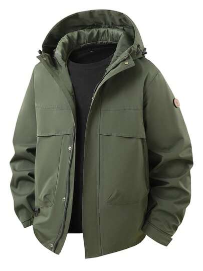 Alpha Camp Giacca con cappuccio da uomo con coulisse, cerniera, tasche e tasca interna, giacca cargo da esterno con cappuccio