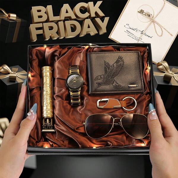 7pcs Men's Watch Gift Set + Wallet + Sunglasses + Grooming Kit, Fashionable Luxury Business Stylish Sporty Men's Watch, Essential Daily Accessories Designed For Men, Suitable For Anniversary, Valentine's Day, Birthday And Other Holidays