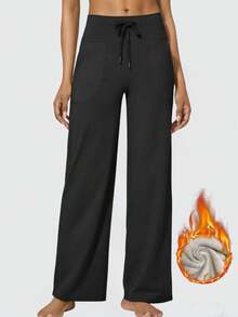 Women's Casual Solid Color Drawstring Waist Sports Pants, Women's Sports Yoga Bell Bottom Pants, Casual Sports Pants, Outdoor Sports Pants, Wide Leg High Waist Casual Pants With Side Pockets, Autumn And Winter Daily Casual Graduation And Return To School Clothes, Female Teacher's Clothes, - 黑色 - 查看 9