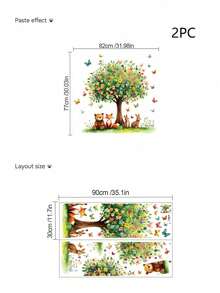 1片/2片/3片装 - 墙贴 - [绿色植物，粉色动物树] PVC自粘可移除墙贴，适用于托儿所、儿童房、游戏室或教室 - 可爱创意墙面装饰，适用于任何空间