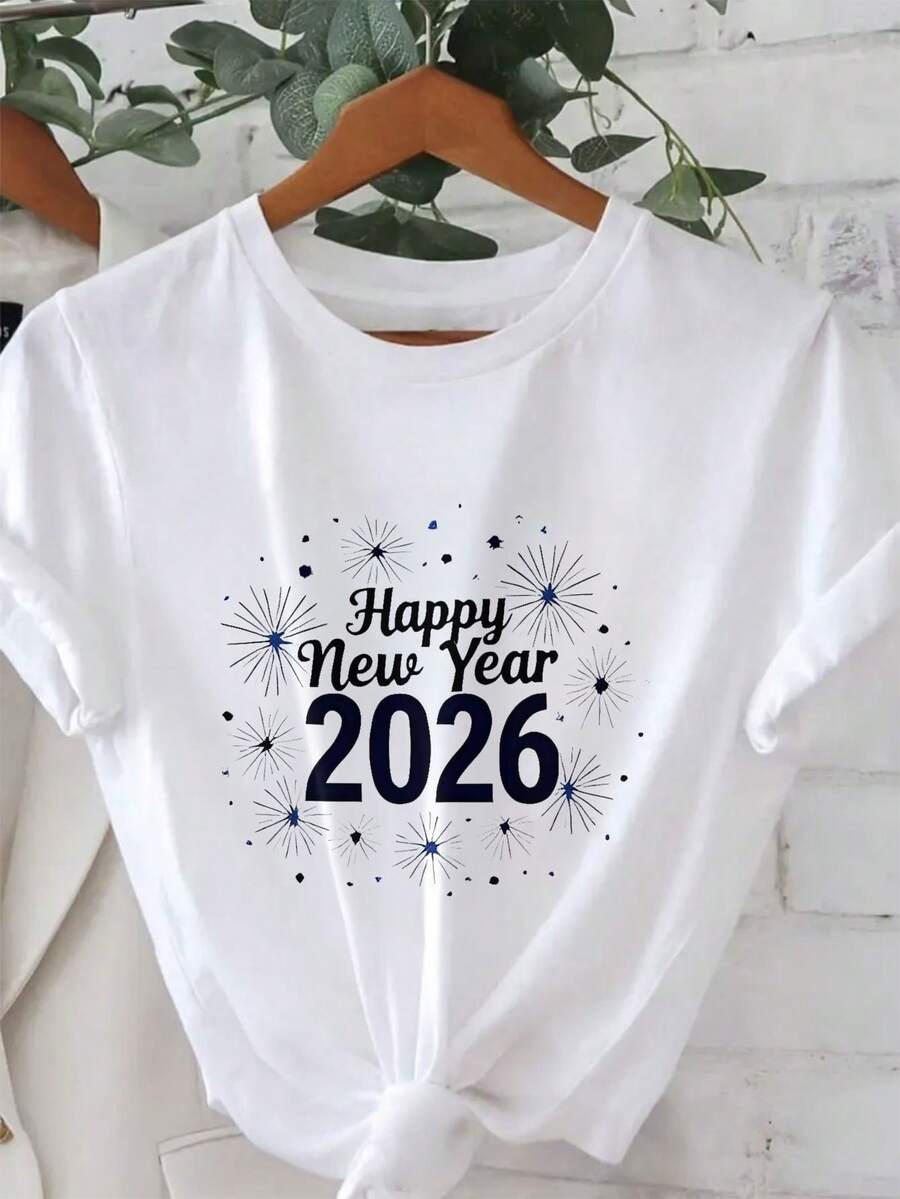 Camiseta Unissex Ano Novo 2026 "Happy New Year 2026 Fogos minimalistas" - Branco - Visão 1