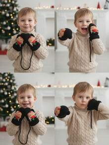 زوج من قفازات الأطفال ذات رأس الغزال الكرتوني لعيد الميلاد، قفازات بلا أصابع دافئة مع وشاح، للخريف/الشتاء - 1Pair - مشاهدة 7