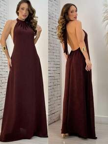 Women's Long Backless Simple Beach Dress None Fabric Backless / Backless Ruffled 019 Wedding Evening Beach Home Office Formal & Evening Travel Daily Birthday Party Summer - Mocha Brown - View 1