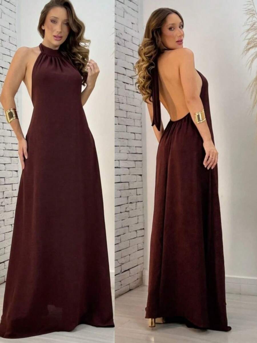 Women's Long Backless Simple Beach Dress None Fabric Backless / Backless Ruffled 019 Wedding Evening Beach Home Office Formal & Evening Travel Daily Birthday Party Summer - Mocha Brown - View 1