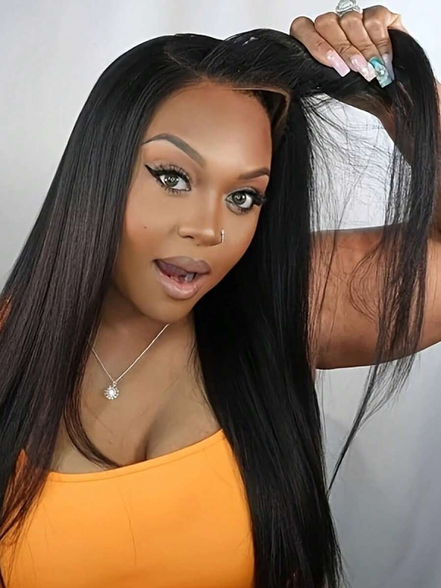 4x4 透明蕾丝前假发，200% 密度直发真人发假发，漂白发结，易于佩戴，无胶蕾丝直发真人发假发设计，适合女性日常佩戴，200% 密度直发真人发假发 - Natural Black - 查看 1