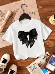 Young Girl Bow Print Short Sleeve Casual Round Neck T-Shirt - White - View 2