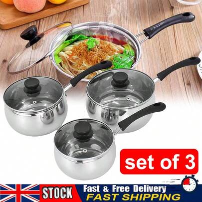 6 Piece Saucepan Set - 16cm, 18cm, 20cm Stainless Steel Pans, Includes Tempered Glass Lids With Steam Vents, Induction Hob Cooking Pans, Scratch Resistant Finish,Stainless Steel Sauce Pan Set With Glass Lids